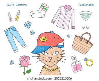 Fashion designer or couturier stylist cat in baseball cap, luxury haute couture fashionable shopping items, clothing, perfume bottles, diamonds, jewelry ring, isolated cartoon vector illustration.