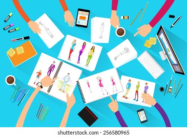 fashion designer creative team looking models photograph flat design top angle view vector illustration