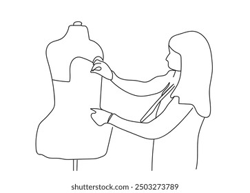 A fashion designer designs a dress. A seamstress works with a mannequin. One continuous line   Fashion designer, dressmaker, seamstress, sewing workshop or courses, tailoring concept.