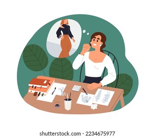 Fashion designer drawing sketches of clothes. Creative work of designing new collection of garments. Woman creating apparel. Creation process. Flat vector illustration isolated on white background