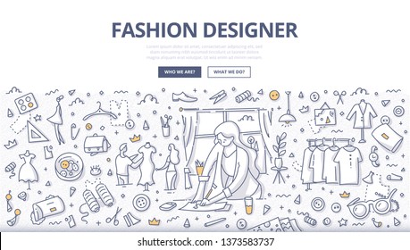 Fashion designer draws fabric or clothing sketches in sewing studio. Concept on fashion design. Atelier tailoring. Doodle illustration for web banners, hero images, printed materials