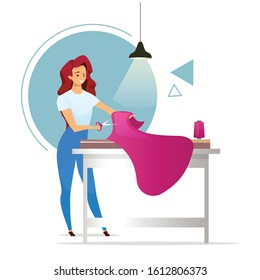 Fashion designer flat color vector illustration. Atelier. Female tailor. Woman making clothes. Sewing studio. Girl cutting fabric. Dressmaker. Isolated cartoon character on white background