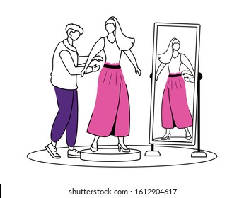 Fashion designer flat contour vector illustration. Dressing up famous people. Trying on new outfit. Preparing model for runway isolated cartoon outline character on white background. Simple drawing