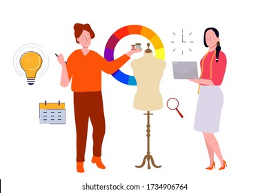 fashion designer giving direction to assistant about design dress clothes flat style vector illustration concept of fashion design choosing color