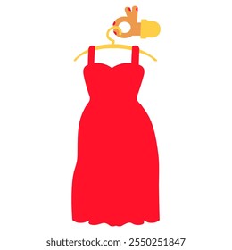 Fashion designer hand holding elegant red dress hanging on hanger. Tradition of tailoring. Image for design of countries cultural traditions. Simple flat vector isolated on white background