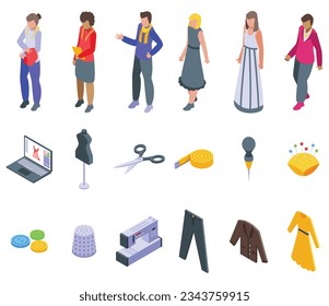 Fashion designer icons set isometric vector. Clothes studio. Woman creative