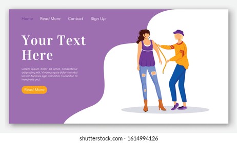 Fashion designer landing page flat color vector template. Taking measurements of female homepage layout. Design clothes one page website interface with cartoon illustration. Atelier banner, webpage