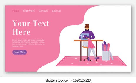 Fashion designer landing page flat color vector template. Assistant with sewing machine homepage layout. Repair clothes one page website interface with cartoon illustration. Atelier banner, webpage