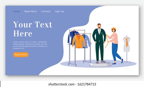 Fashion designer landing page flat color vector template. Taking measurements of man model homepage layout. Design clothes one page website interface with cartoon illustration. Atelier banner, webpage