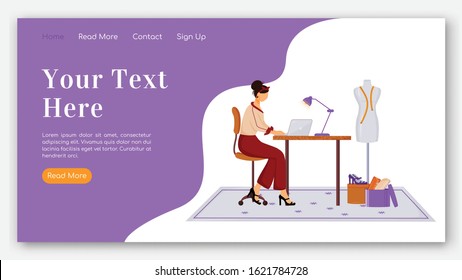 Fashion designer landing page flat color vector template. Creating clothes on laptop homepage layout. Design outfits one page website interface with cartoon illustration. Atelier banner, webpage