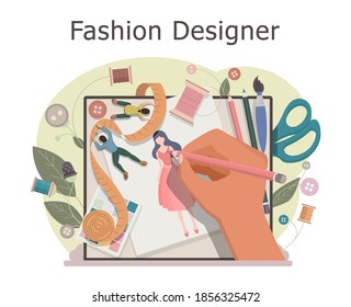 Fashion designer makes a sketch of clothes . Designing new collection in sewing studio. Clothing design concept. Creative atelier profession. Vector illustration