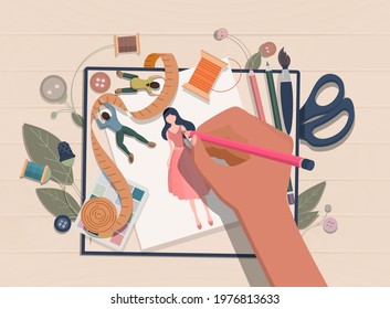 Fashion designer makes a sketch of clothes. Designing new collection in sewing studio. Clothing design concept. Creative atelier profession. Vector illustration
