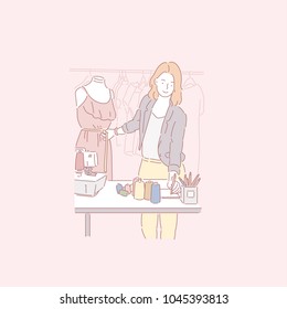 Fashion designer making clothes. hand drawn style vector doodle design illustrations.