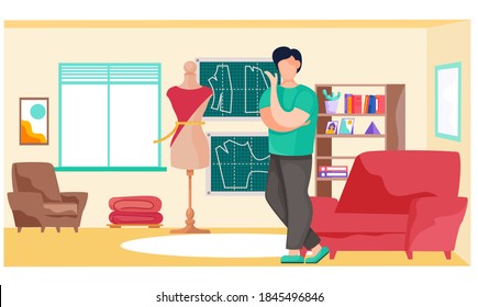 Fashion designer is making a model. Dressmaker is standing near the mannequin and looking at clothes pattern. Sewing workshop, atelier, custom clothing. Vector design fashion production concept