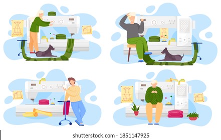 Fashion designer is making a model. Dressmaker is sitting near the sewing machine and looking at clothes pattern. Sewing workshop, atelier, custom clothing. Fashion production concept scenes set