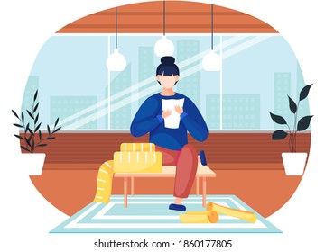 Fashion designer is making a model. Dressmaker is sitting on the table and looking at clothes pattern. Sewing workshop, atelier, custom clothing. Vector illustration of fashion production concept