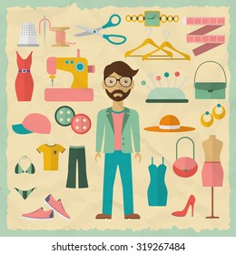 Fashion designer male character design with fashion objects. Fashion designer icons. Flat design vector illustration.