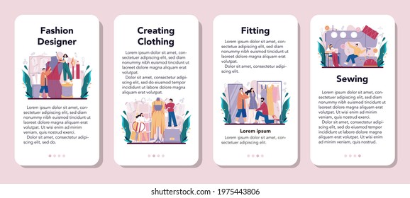 Fashion designer mobile application banner set. Professional tailor sewing or fitting clothes. Dressmaker working on power sewing machine and taking measurements. Vector flat illustration