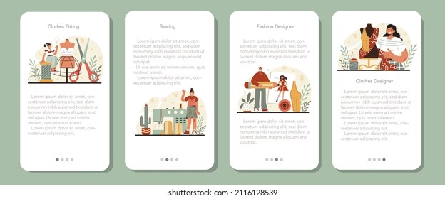 Fashion designer mobile application banner set. Professional fashion tailor sewing or fitting clothes. Dressmaker working on power sewing machine and taking measurements. Vector flat illustration