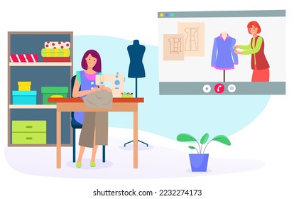 Fashion designer online education blogger, character people influencer talk video camera flat vector illustration, isolated on white.