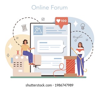 Fashion designer online service or platform. Tailor sewing or fitting clothes. Dressmaker working on sewing machine. Online forum. Vector flat illustration