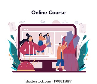 Fashion designer online service or platform. Professional tailor sewing on power sewing machine or fitting clothes. Online course. Vector flat illustration