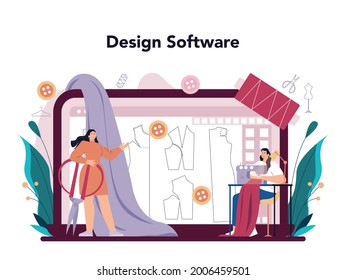 Fashion Designer Online Service Or Platform. Professional Tailor Sewing On Power Sewing Machine Or Fitting Clothes. Online Design Software. Vector Flat Illustration
