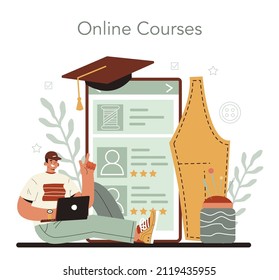 Fashion designer online service or platform. Professional tailor sewing clothes. Dressmaker working on power sewing machine. Online course. Vector flat illustration