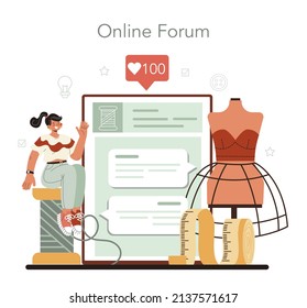 Fashion designer online service or platform. Professional tailor sewing clothes. Dressmaker working on power sewing machine. Online forum. Vector flat illustration