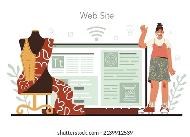 Fashion designer online service or platform. Professional tailor sewing clothes. Dressmaker working on power sewing machine. Website. Vector flat illustration