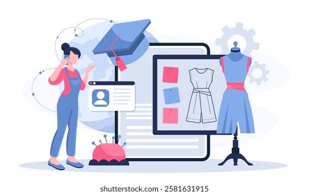 Fashion designer online. Woman near mannequin with dress. Handmade and handicraft clothes. Fashion and style. Aesthetics and elegance. Tailor and seamstress. Flat vector illustration