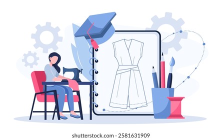 Fashion designer online. Woman with sewing machine. Handmade and handicraft clothes. Fashion and style. Tailor and seamstress. Atelier and boutique. Flat vector illustration