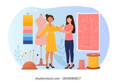 Fashion designer or the order of the tailoring concept. A pretty young woman in an Atelier, waiting for the dressmaker to take her measurements. Flat vector cartoon illustration.