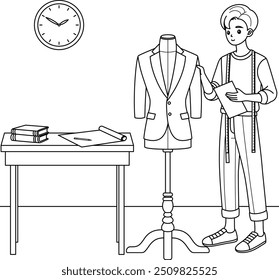 Fashion Designer Outline Coloring Page. Labor Day Hand Drawn Clip Art