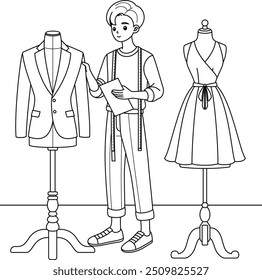 Fashion Designer Outline Coloring Page. Labor Day Hand Drawn Clip Art