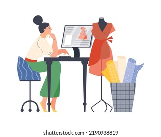 Fashion designer or seamstress developing clothes on computer, flat vector illustration isolated on white background. Designer desk concept with mannequin and fabric.