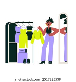 fashion designer is selecting outfits from a clothing rack while standing next to a large mirror. Illustration symbolizing fashion design, tailoring, and wardrobe styling.