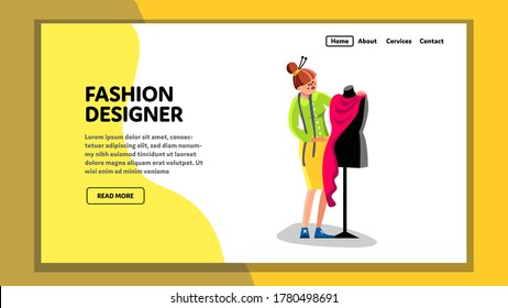 Fashion Designer Sewing Clothing Or Dress Vector. Seamstress Woman Fashion Designer Design Fabric Cloth On Mannequin. Character Textile Worker Dressmaker Web Flat Cartoon Illustration