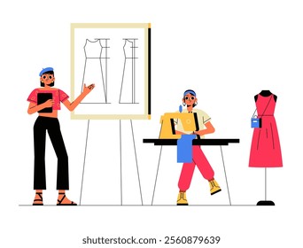 Fashion Designer With Sketch And Tailor At Sewing Machine In Flat Vector Illustration Symbolizing Creativity, Fashion, And Design, Isolated On White Background.