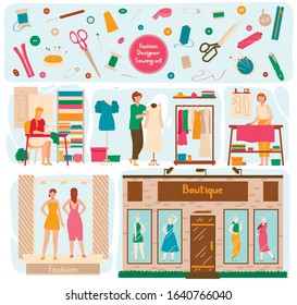 Fashion designer studio, woman making dress for boutique, vector illustration. Tailor working in atelier, fashion clothes designer cartoon character. Set of icons and sewing accessories in flat design