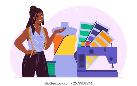 Fashion designer in studio. Woman near sewing machine and palette with colors. Fashion, trend and style. Seamstress or tailor in workshop. Aesthetics and elegance. Flat vector illustration