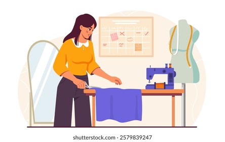 Fashion designer in studio. Woman with piece of fabric near sewing machine. Fashion, trend and style. Seamstress or tailor in workshop. Clothing factory. Flat vector illustration