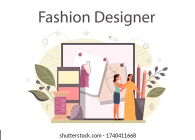 Fashion designer or tailor concept. Professional master sewing clothes. Dressmaker working on power sewing machine and taking measurements. Creative atelier profession. Vector illustration