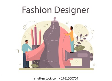 Fashion designer or tailor concept. Professional master sewing clothes. Dressmaker working on power sewing machine and taking measurements. Creative atelier profession. Vector illustration