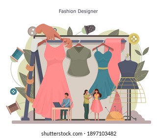 Fashion designer or tailor concept. Tiny tailor masters taking measurement. Creative atelier profession. Vector illustration.