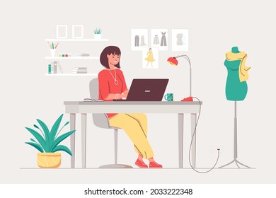 Fashion designer. Tailor creates  fashion model. Woman sewing clothes. Creation fashion collection. Vector flat illustration