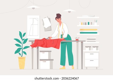 Fashion designer. Tailor creates  fashion model. Woman sewing clothes. Creation fashion collection. Vector flat illustration