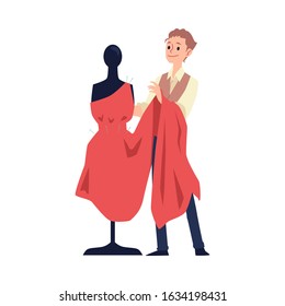 Fashion Designer And Tailor Holding Red Dress Muslin On Dummy Mannequin Isolated On White Background. Cartoon Dressmaker Woman - Flat Vector Illustration