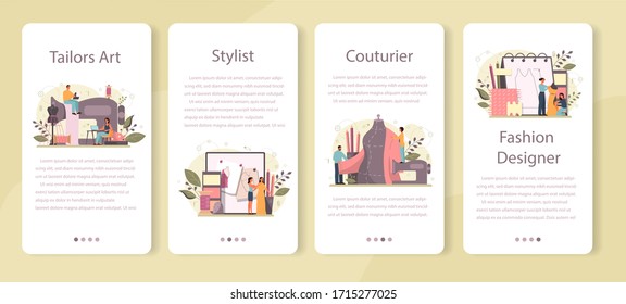 Fashion designer or tailor mobile application banner set. Professional master sewing clothes. Dressmaker working on power sewing machine and taking measurements. Vector illustration