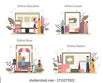 Fashion designer or tailor online service or platform set. Professional master sewing clothes. Dressmaker working on power sewing machine. Online education and store. Vector illustration